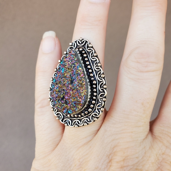 New Titanium Druzy 925 Silver Ring. - Picture 7 of 12